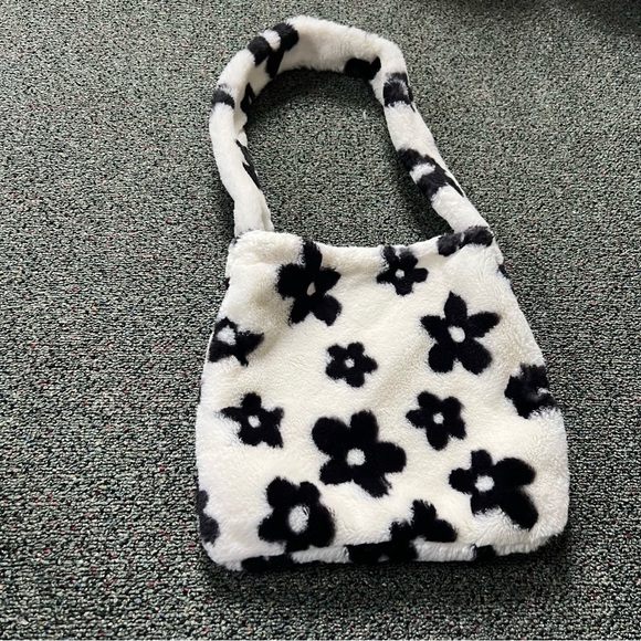 Fuzzy Furry Soft Black & White Floral Cow Print Medium Casual Shoulder Tote Bag - Picture 3 of 16